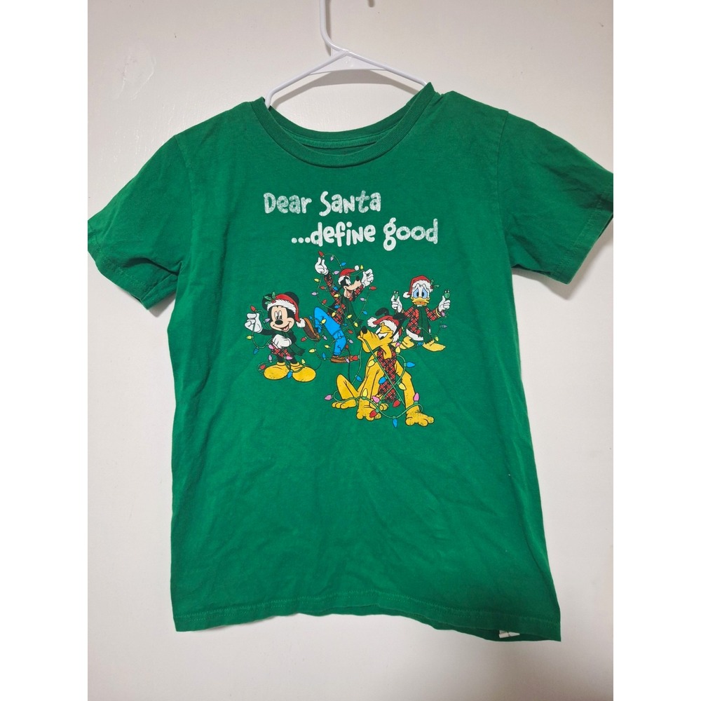 Disney Store Kids Green Mickey Goofy Donald Pluto Christmas Shirt Size L 10/12